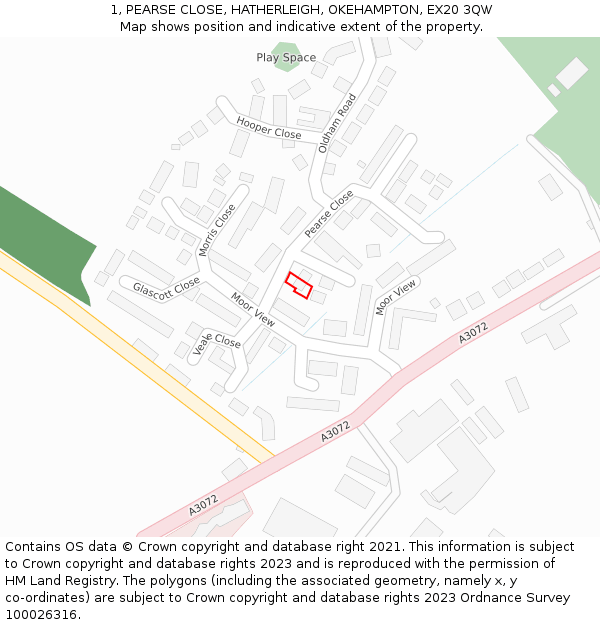 1, PEARSE CLOSE, HATHERLEIGH, OKEHAMPTON, EX20 3QW: Location map and indicative extent of plot
