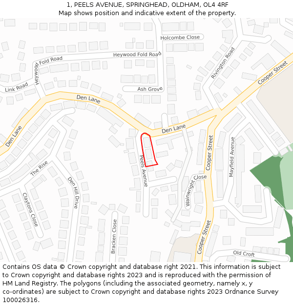 1, PEELS AVENUE, SPRINGHEAD, OLDHAM, OL4 4RF: Location map and indicative extent of plot