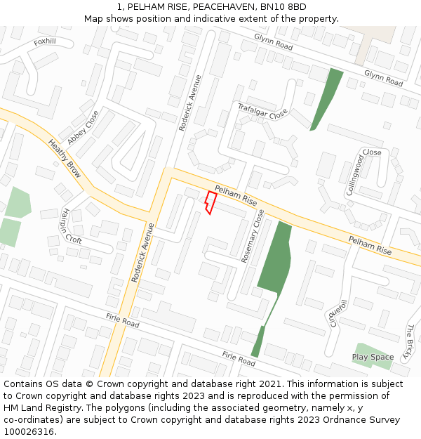 1, PELHAM RISE, PEACEHAVEN, BN10 8BD: Location map and indicative extent of plot