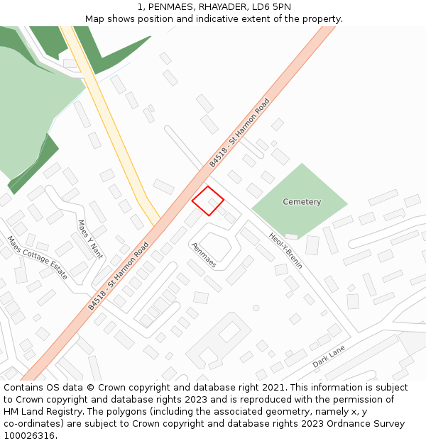 1, PENMAES, RHAYADER, LD6 5PN: Location map and indicative extent of plot
