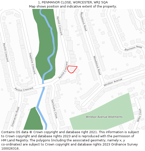 1, PENMANOR CLOSE, WORCESTER, WR2 5QA: Location map and indicative extent of plot