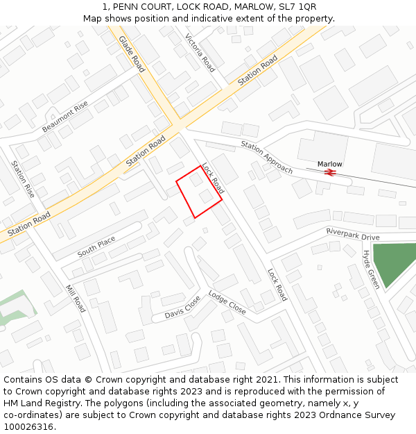 1, PENN COURT, LOCK ROAD, MARLOW, SL7 1QR: Location map and indicative extent of plot