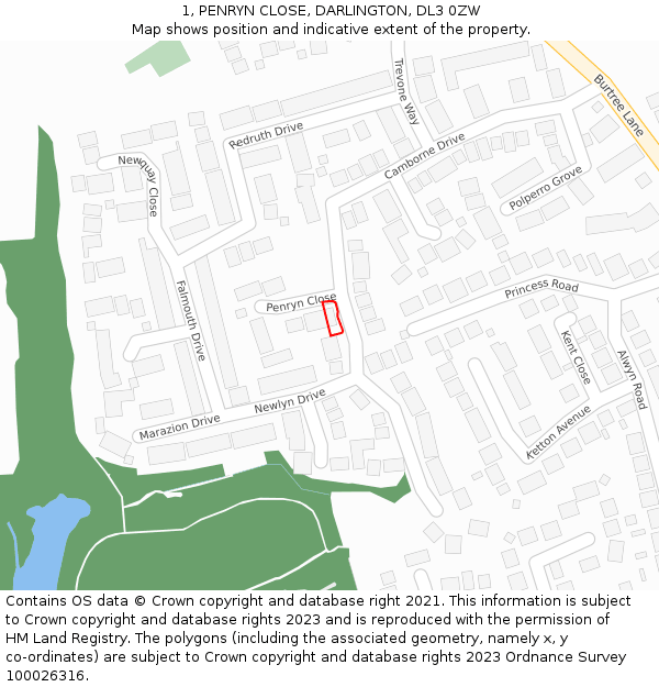 1, PENRYN CLOSE, DARLINGTON, DL3 0ZW: Location map and indicative extent of plot