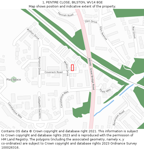 1, PENTIRE CLOSE, BILSTON, WV14 8GE: Location map and indicative extent of plot