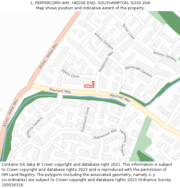 1, PEPPERCORN WAY, HEDGE END, SOUTHAMPTON, SO30 2NA: Location map and indicative extent of plot