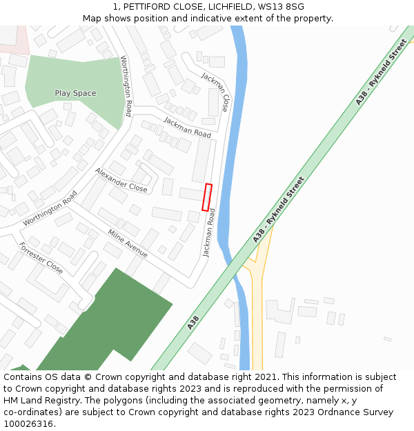 1, PETTIFORD CLOSE, LICHFIELD, WS13 8SG: Location map and indicative extent of plot