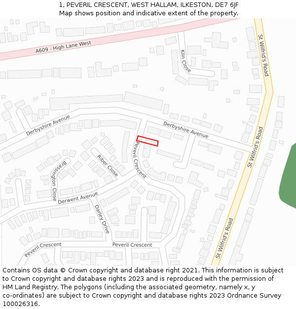 1, PEVERIL CRESCENT, WEST HALLAM, ILKESTON, DE7 6JF: Location map and indicative extent of plot