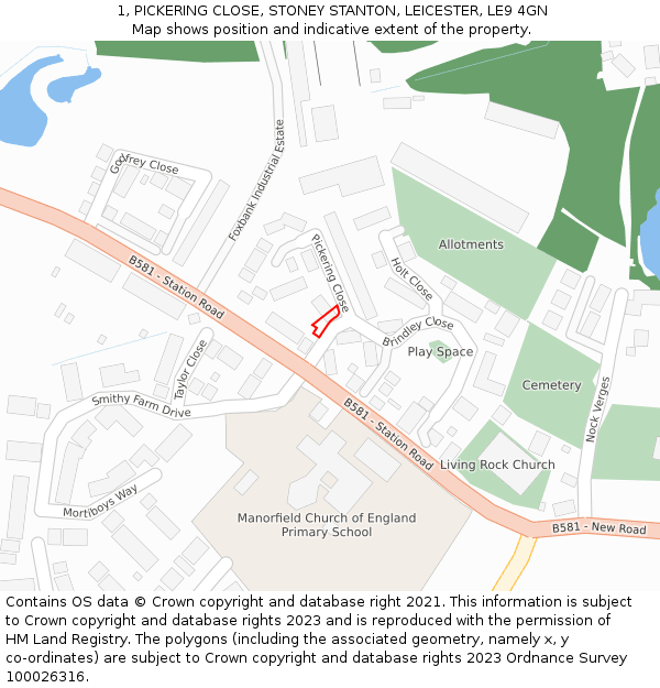 1, PICKERING CLOSE, STONEY STANTON, LEICESTER, LE9 4GN: Location map and indicative extent of plot