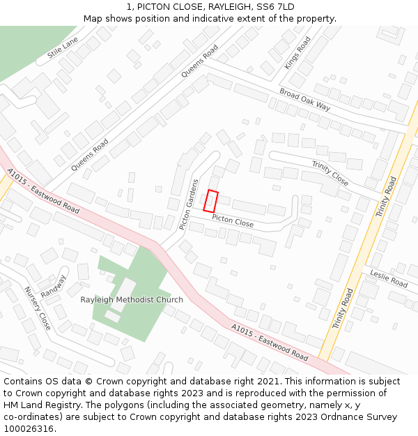 1, PICTON CLOSE, RAYLEIGH, SS6 7LD: Location map and indicative extent of plot