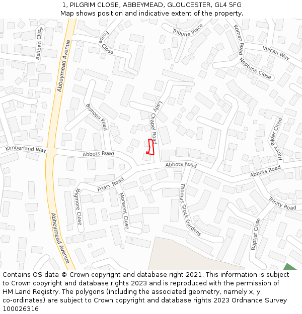 1, PILGRIM CLOSE, ABBEYMEAD, GLOUCESTER, GL4 5FG: Location map and indicative extent of plot
