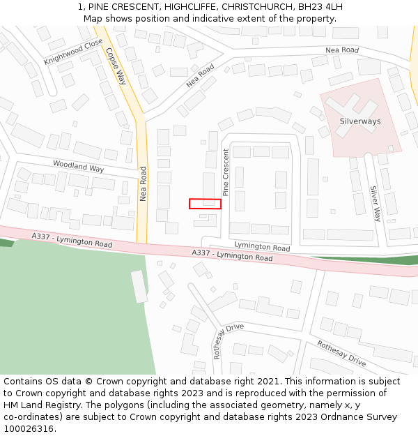 1, PINE CRESCENT, HIGHCLIFFE, CHRISTCHURCH, BH23 4LH: Location map and indicative extent of plot