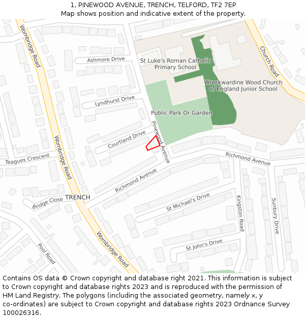 1, PINEWOOD AVENUE, TRENCH, TELFORD, TF2 7EP: Location map and indicative extent of plot