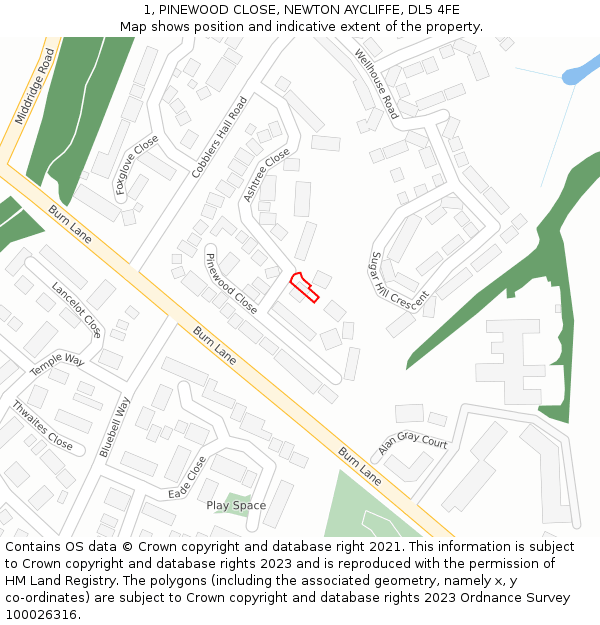 1, PINEWOOD CLOSE, NEWTON AYCLIFFE, DL5 4FE: Location map and indicative extent of plot