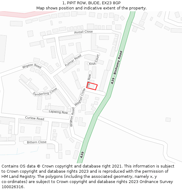 1, PIPIT ROW, BUDE, EX23 8GP: Location map and indicative extent of plot