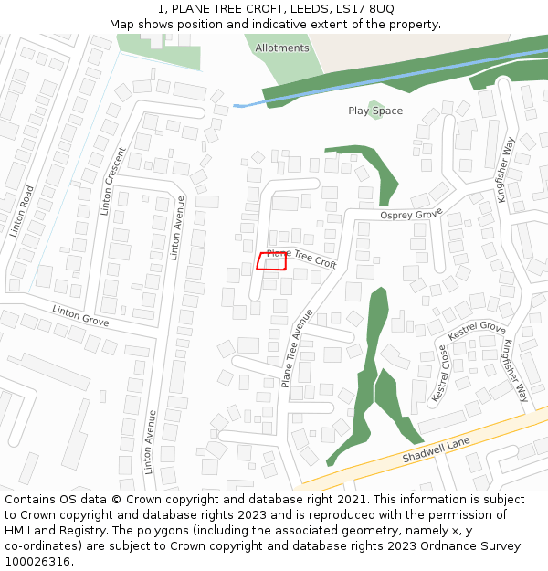 1, PLANE TREE CROFT, LEEDS, LS17 8UQ: Location map and indicative extent of plot