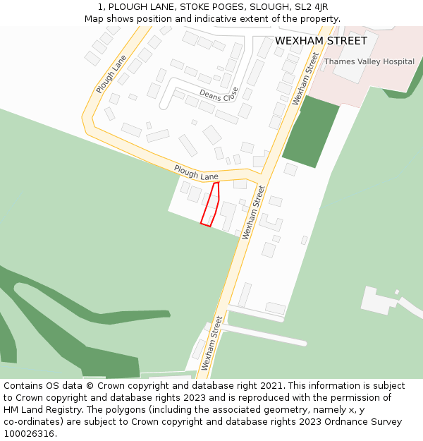 1, PLOUGH LANE, STOKE POGES, SLOUGH, SL2 4JR: Location map and indicative extent of plot