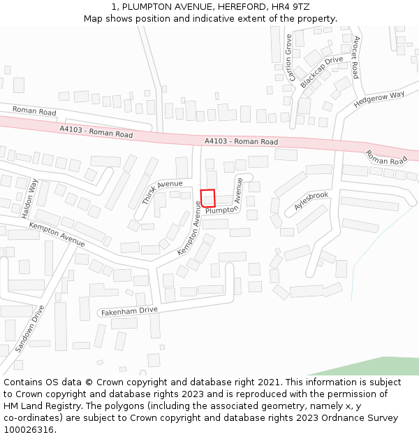 1, PLUMPTON AVENUE, HEREFORD, HR4 9TZ: Location map and indicative extent of plot