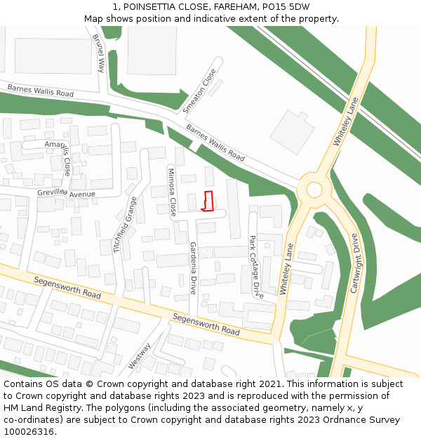 1, POINSETTIA CLOSE, FAREHAM, PO15 5DW: Location map and indicative extent of plot