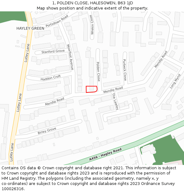 1, POLDEN CLOSE, HALESOWEN, B63 1JD: Location map and indicative extent of plot