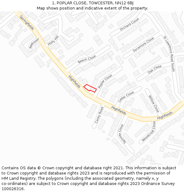 1, POPLAR CLOSE, TOWCESTER, NN12 6BJ: Location map and indicative extent of plot