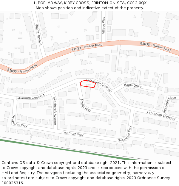 1, POPLAR WAY, KIRBY CROSS, FRINTON-ON-SEA, CO13 0QX: Location map and indicative extent of plot