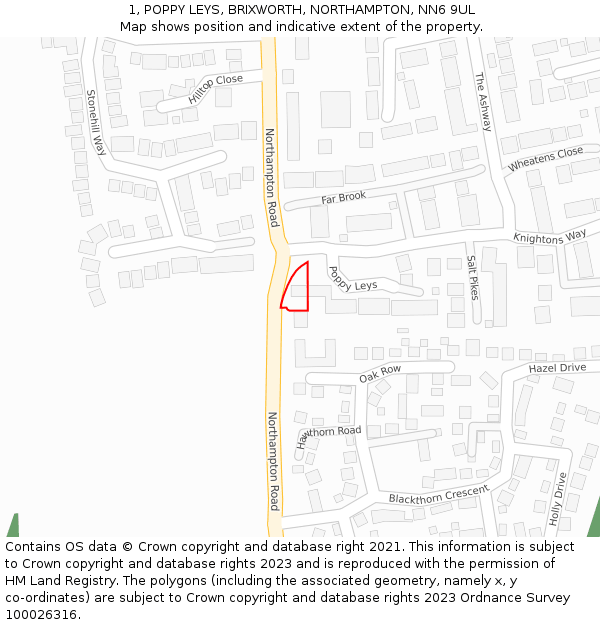 1, POPPY LEYS, BRIXWORTH, NORTHAMPTON, NN6 9UL: Location map and indicative extent of plot