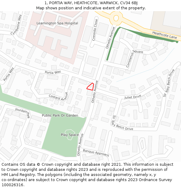 1, PORTIA WAY, HEATHCOTE, WARWICK, CV34 6BJ: Location map and indicative extent of plot