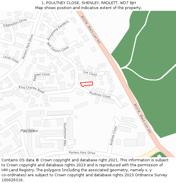 1, POULTNEY CLOSE, SHENLEY, RADLETT, WD7 9JH: Location map and indicative extent of plot