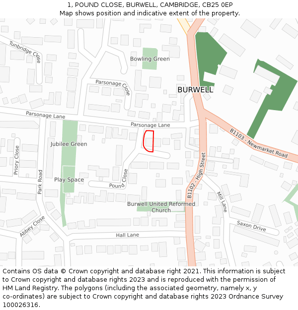 1, POUND CLOSE, BURWELL, CAMBRIDGE, CB25 0EP: Location map and indicative extent of plot