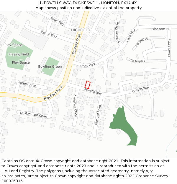 1, POWELLS WAY, DUNKESWELL, HONITON, EX14 4XL: Location map and indicative extent of plot