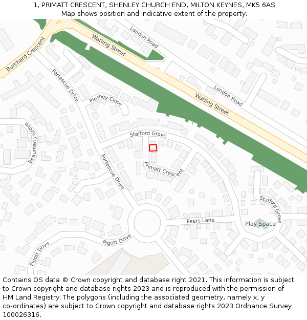 1, PRIMATT CRESCENT, SHENLEY CHURCH END, MILTON KEYNES, MK5 6AS: Location map and indicative extent of plot