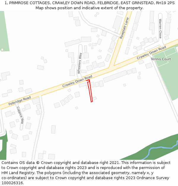 1, PRIMROSE COTTAGES, CRAWLEY DOWN ROAD, FELBRIDGE, EAST GRINSTEAD, RH19 2PS: Location map and indicative extent of plot