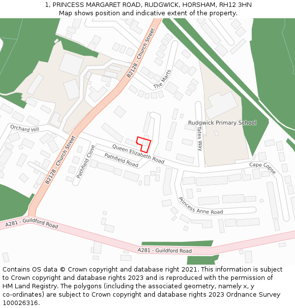 1, PRINCESS MARGARET ROAD, RUDGWICK, HORSHAM, RH12 3HN: Location map and indicative extent of plot