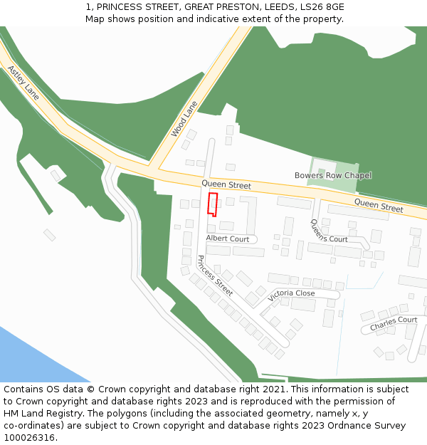 1, PRINCESS STREET, GREAT PRESTON, LEEDS, LS26 8GE: Location map and indicative extent of plot