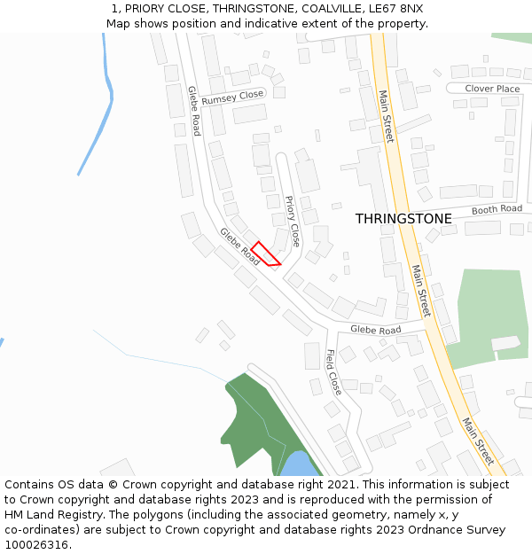 1, PRIORY CLOSE, THRINGSTONE, COALVILLE, LE67 8NX: Location map and indicative extent of plot