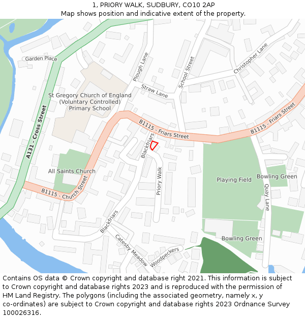 1, PRIORY WALK, SUDBURY, CO10 2AP: Location map and indicative extent of plot