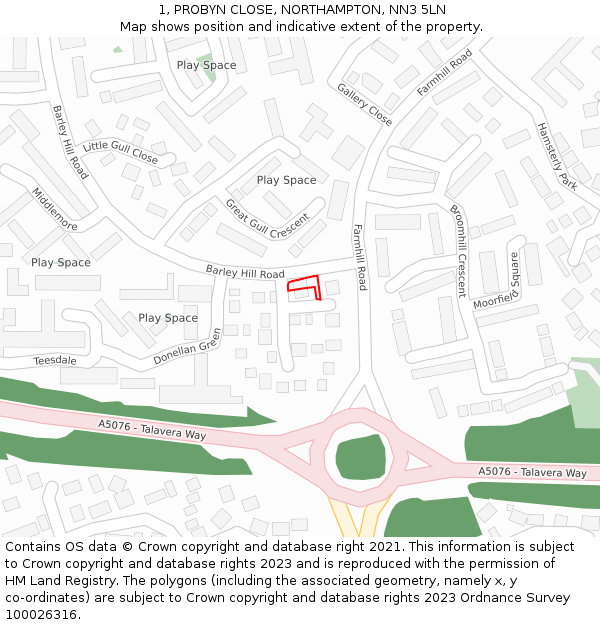 1, PROBYN CLOSE, NORTHAMPTON, NN3 5LN: Location map and indicative extent of plot