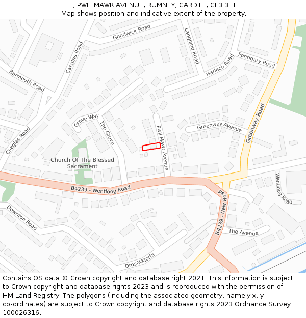 1, PWLLMAWR AVENUE, RUMNEY, CARDIFF, CF3 3HH: Location map and indicative extent of plot