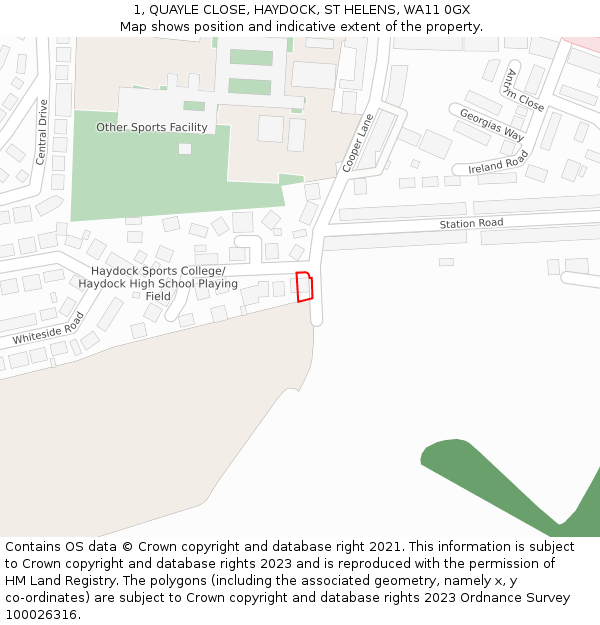 1, QUAYLE CLOSE, HAYDOCK, ST HELENS, WA11 0GX: Location map and indicative extent of plot