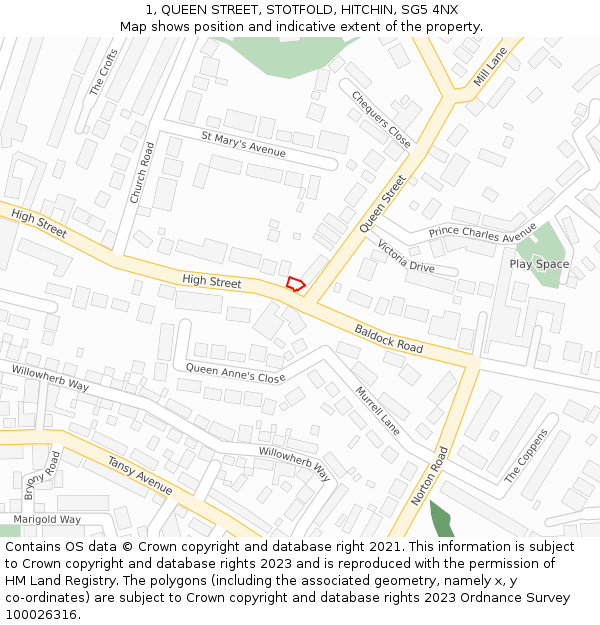 1, QUEEN STREET, STOTFOLD, HITCHIN, SG5 4NX: Location map and indicative extent of plot