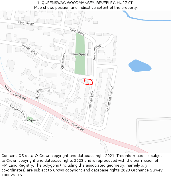 1, QUEENSWAY, WOODMANSEY, BEVERLEY, HU17 0TL: Location map and indicative extent of plot