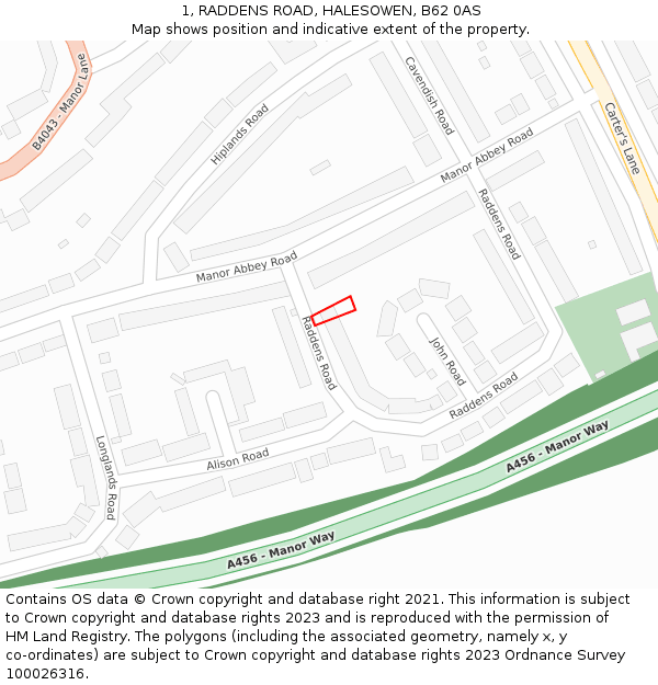 1, RADDENS ROAD, HALESOWEN, B62 0AS: Location map and indicative extent of plot