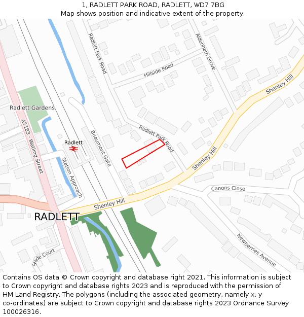 1, RADLETT PARK ROAD, RADLETT, WD7 7BG: Location map and indicative extent of plot