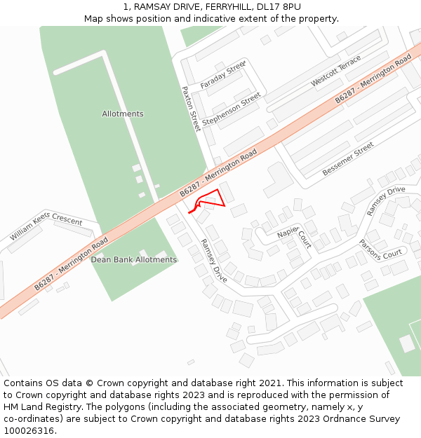 1, RAMSAY DRIVE, FERRYHILL, DL17 8PU: Location map and indicative extent of plot