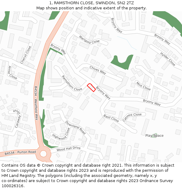 1, RAMSTHORN CLOSE, SWINDON, SN2 2TZ: Location map and indicative extent of plot