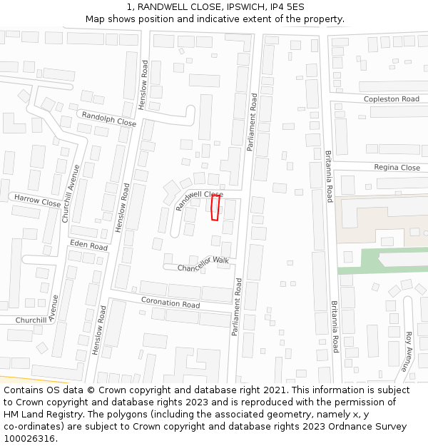 1, RANDWELL CLOSE, IPSWICH, IP4 5ES: Location map and indicative extent of plot