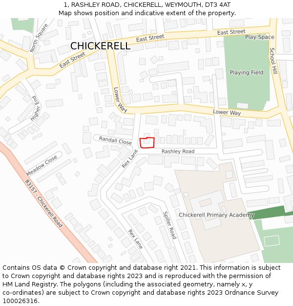 1, RASHLEY ROAD, CHICKERELL, WEYMOUTH, DT3 4AT: Location map and indicative extent of plot