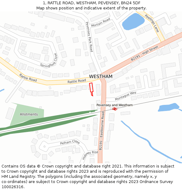 1, RATTLE ROAD, WESTHAM, PEVENSEY, BN24 5DF: Location map and indicative extent of plot