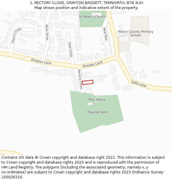 1, RECTORY CLOSE, DRAYTON BASSETT, TAMWORTH, B78 3UH: Location map and indicative extent of plot