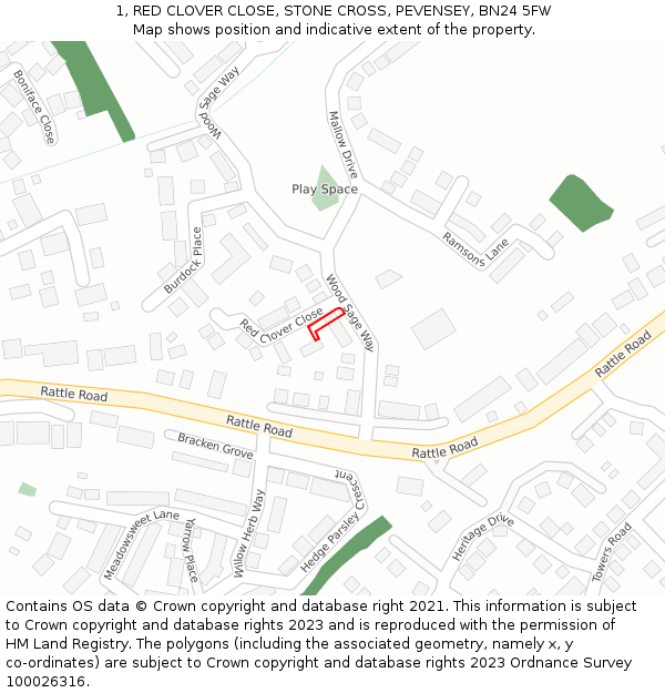 1, RED CLOVER CLOSE, STONE CROSS, PEVENSEY, BN24 5FW: Location map and indicative extent of plot